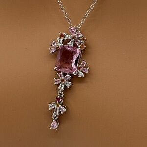 Pink CZ Floral Drop Silver Pendant Necklace